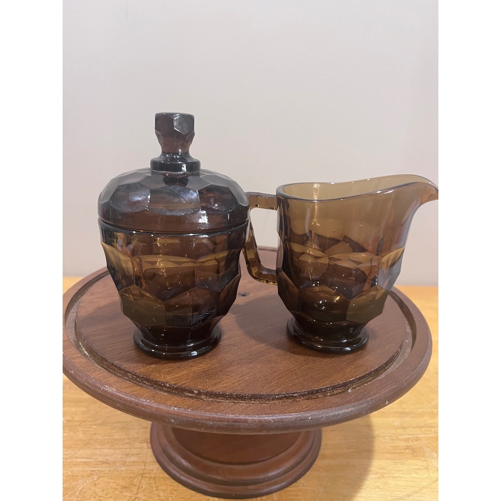 Vtg Viking Smoke Brown Glass Georgian‎ Sugar Bowl Lid Creamer Set MCM Faceted